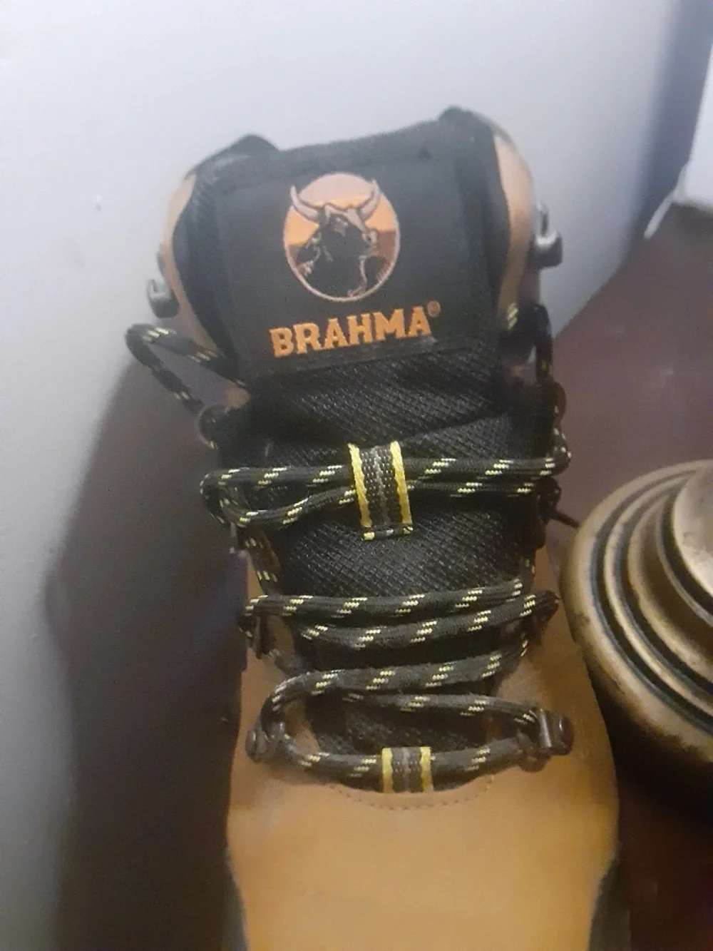 Brahma Work Boots in Wheat and Black with Yellow-Accented Laces